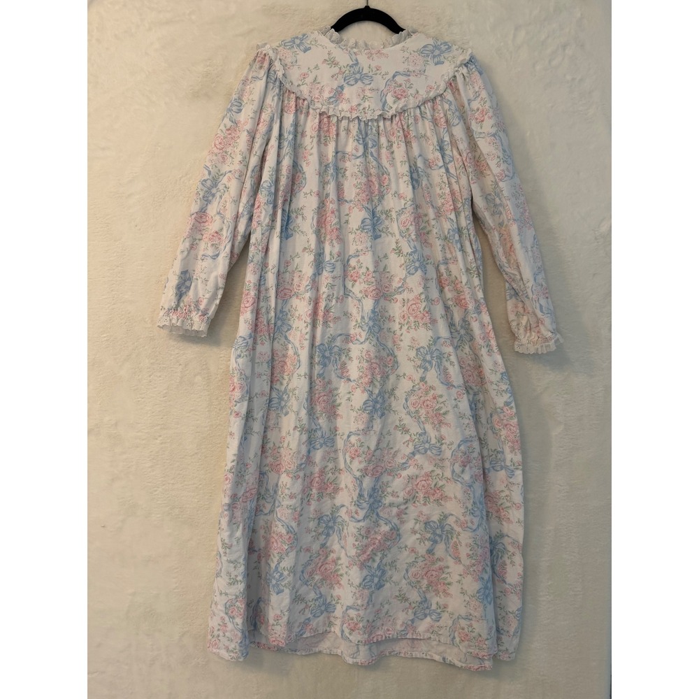 Lanz of Salzburg Vintage Floral Flannel Nightgown Blue Bows Eyelet Lace Cotton